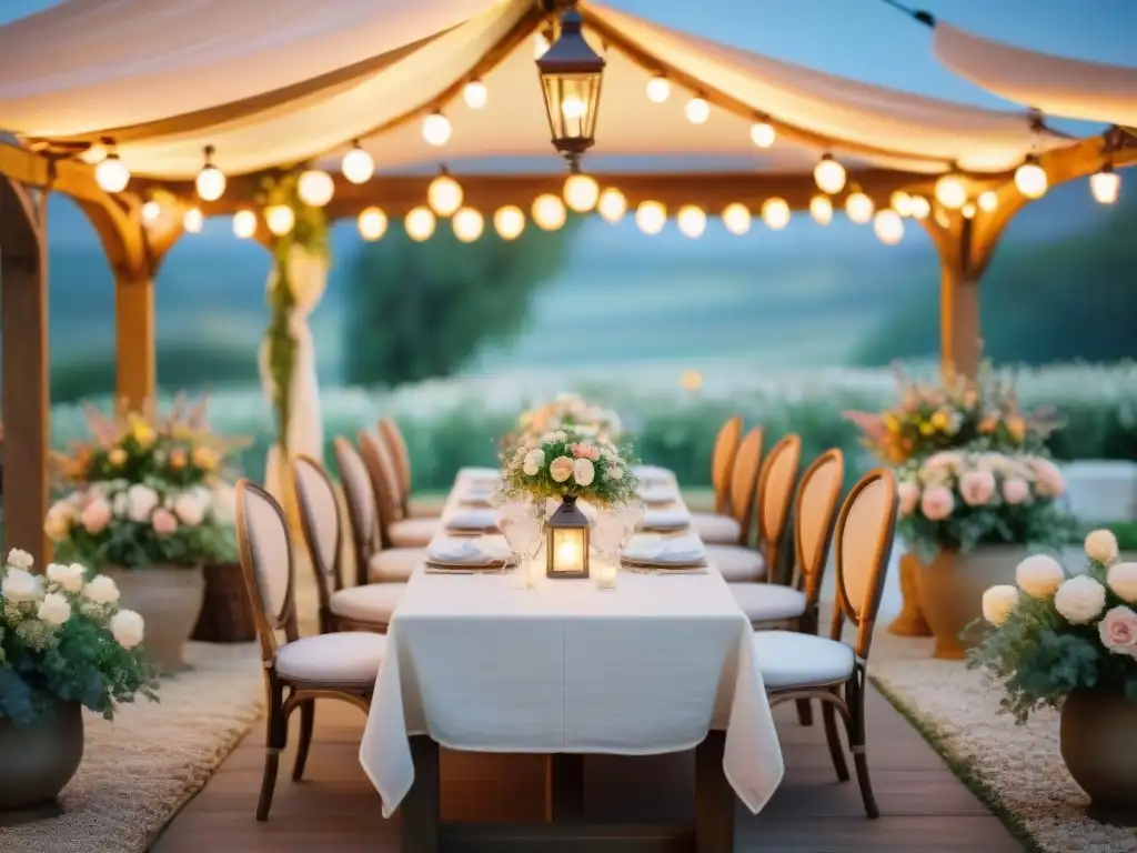 Un escenario al aire libre pintoresco al atardecer con una mesa de madera larga decorada elegantemente, rodeada de sillas de bistró francesas vintage y una mágica ambientación con luces de hadas, ideal para eventos al aire libre franceses