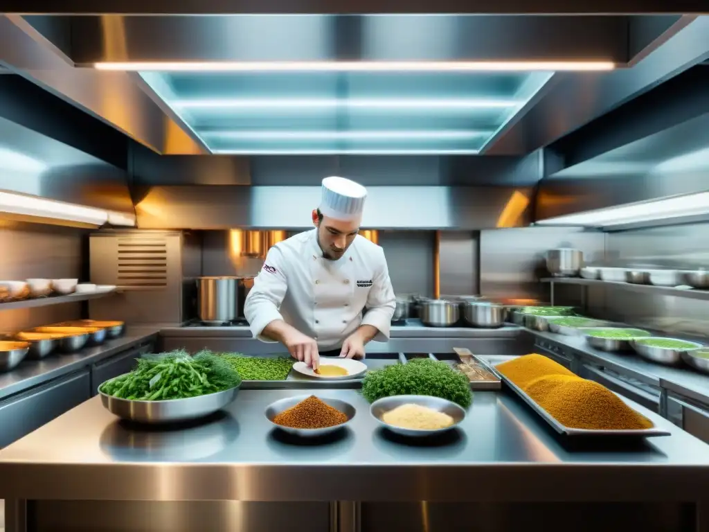 Un escenario de alta cocina en un restaurante estrella Michelin en Francia, donde chefs preparan exquisiteces con maestría