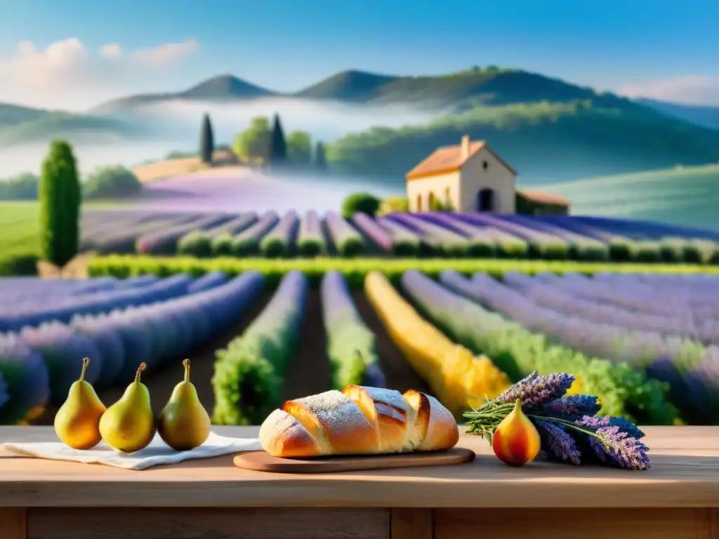 Un escenario campestre francés con una granja de piedra, viñedos verdes y campos de lavanda