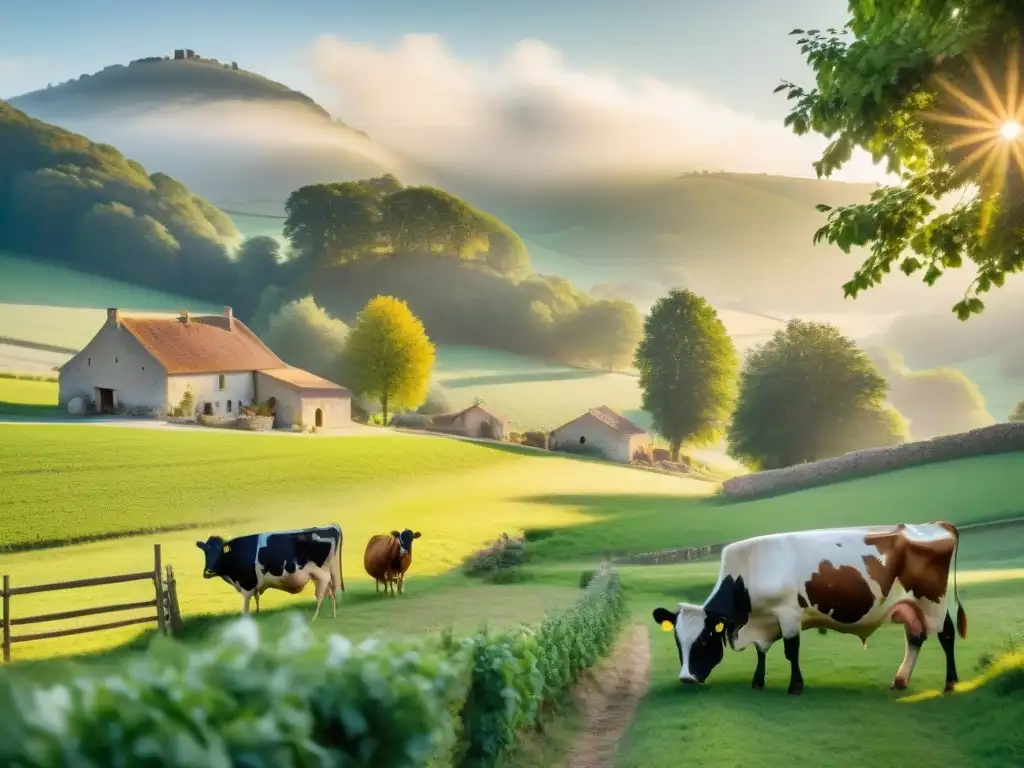 Un escenario campestre francés pintoresco con colinas verdes, vacas pastando y una fromagerie tradicional entre árboles