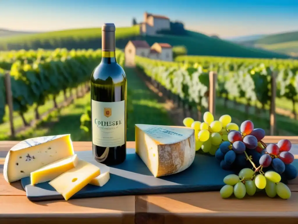 Un escenario campestre francés con viñedos y una mesa de quesos, resaltando la influencia del queso en Francia