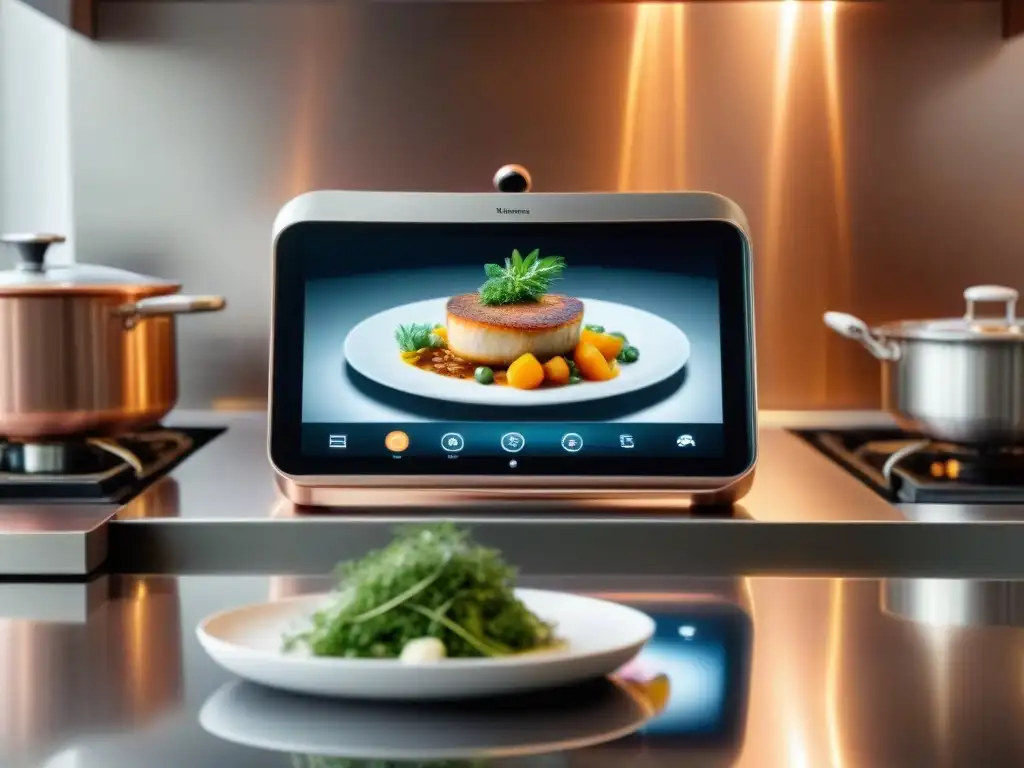 Un escenario futurista en una cocina francesa con platos tradicionales y tecnología avanzada AI