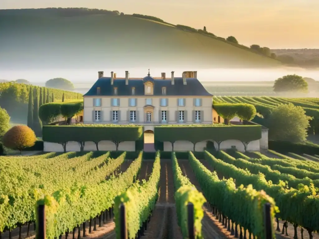 Un escenario icónico en Château Margaux con la luz dorada del atardecer sobre los viñedos