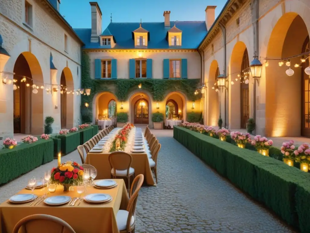 Un escenario mágico de gastronomía francesa en castillos históricos con elegantes mesas, fina vajilla y exquisitos platillos, bajo luces de hadas