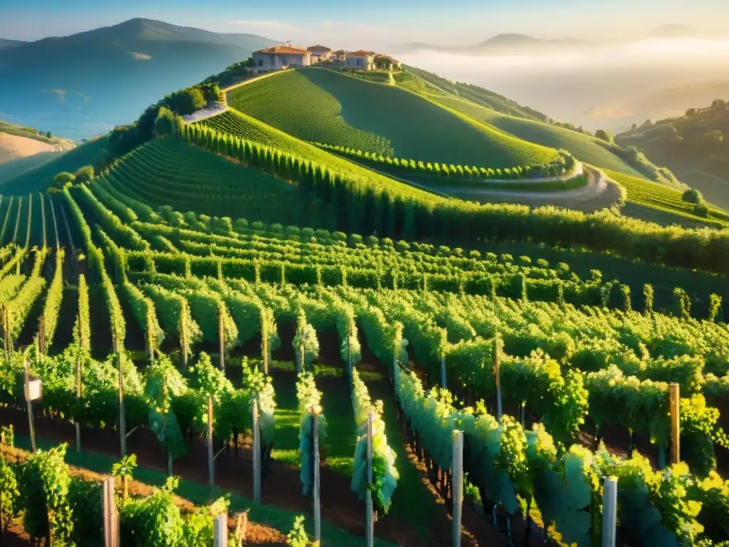 Un escenario pintoresco de viñedos en Borgoña bajo el sol dorado, reflejando la esencia del itinerario viñedos Borgoña vino