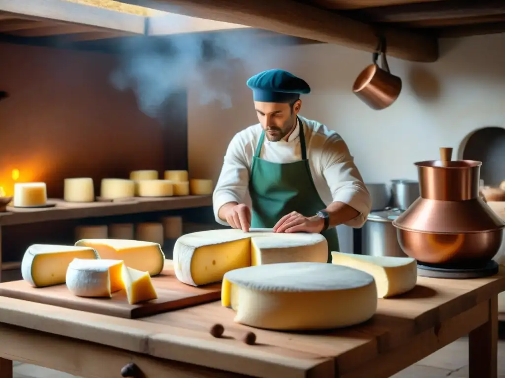 Un escenario tradicional en una cocina francesa con un quesero elaborando quesos Reblochon: tradición alpina