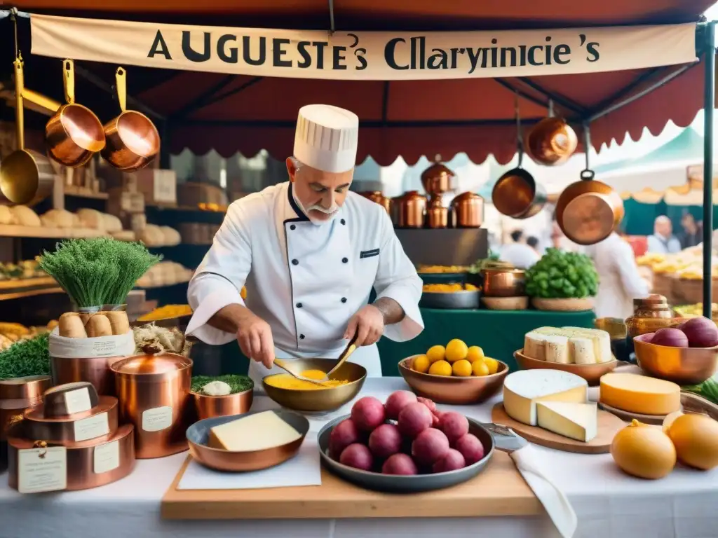 Escritura calligráfica de recetas de Escoffier rodeada de utensilios de cocina antiguos en un bullicioso mercado francés