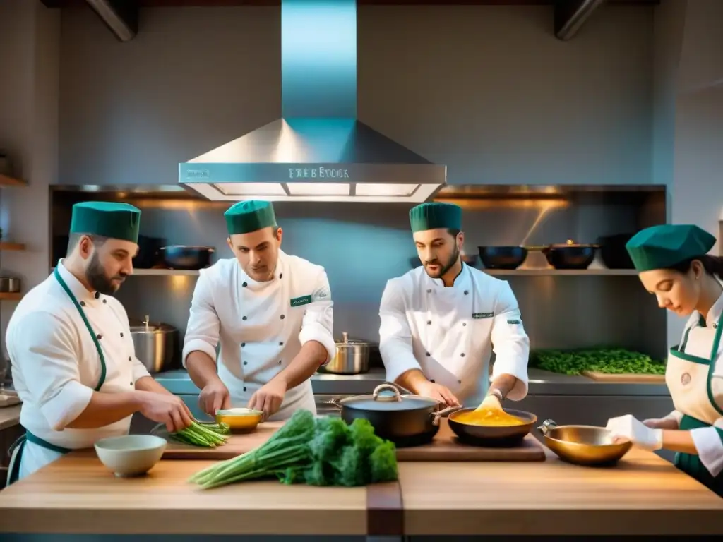 En una escuela de cocina en Francia, un chef enseña técnicas culinarias a estudiantes concentrados en clase