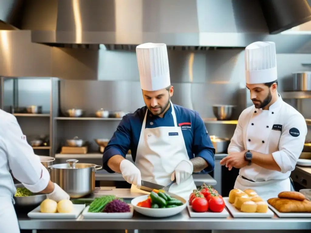 Escuela culinaria francesa: chefs en acción Escuela de cocina francesa: Alumnos preparando platos bajo la atenta mirada del chef, en una cocina llena de vida y aroma