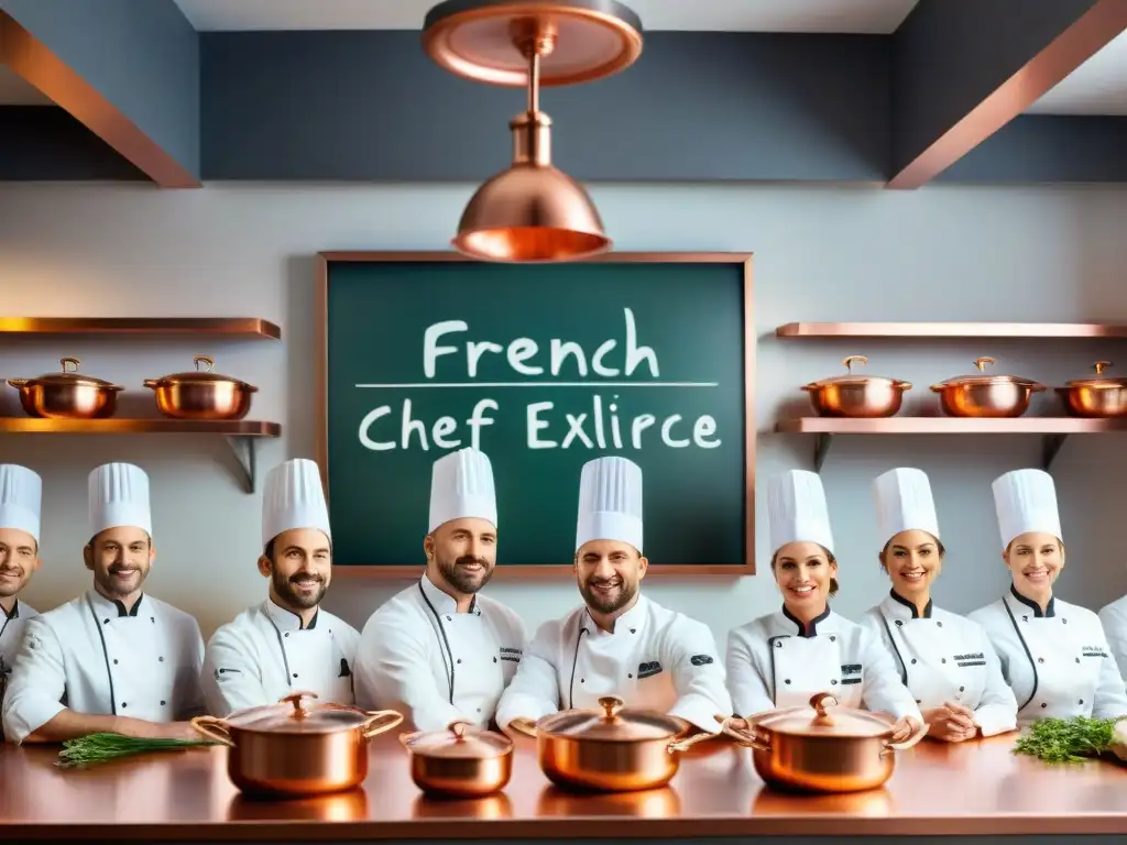 Escuela de cocina en Francia: Chef instructor demostrando técnica culinaria clásica a estudiantes atentos en aula elegante