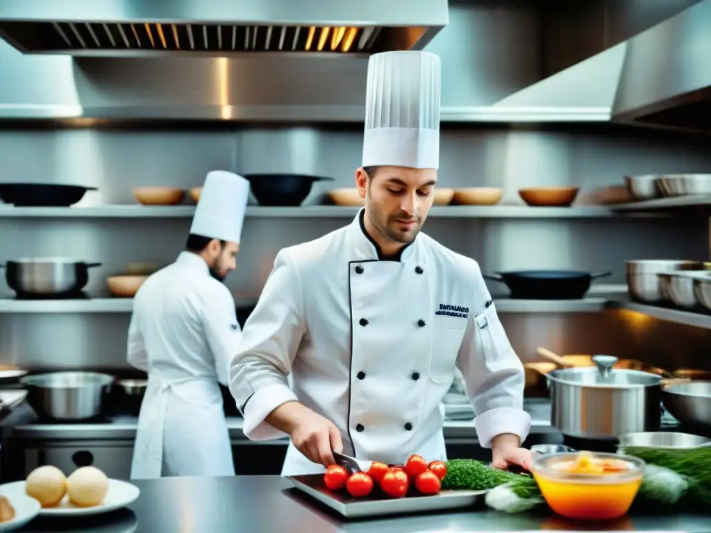 Escuela culinaria en Francia: estudiantes concentrados creando platos, ambiente de pasión y precisión