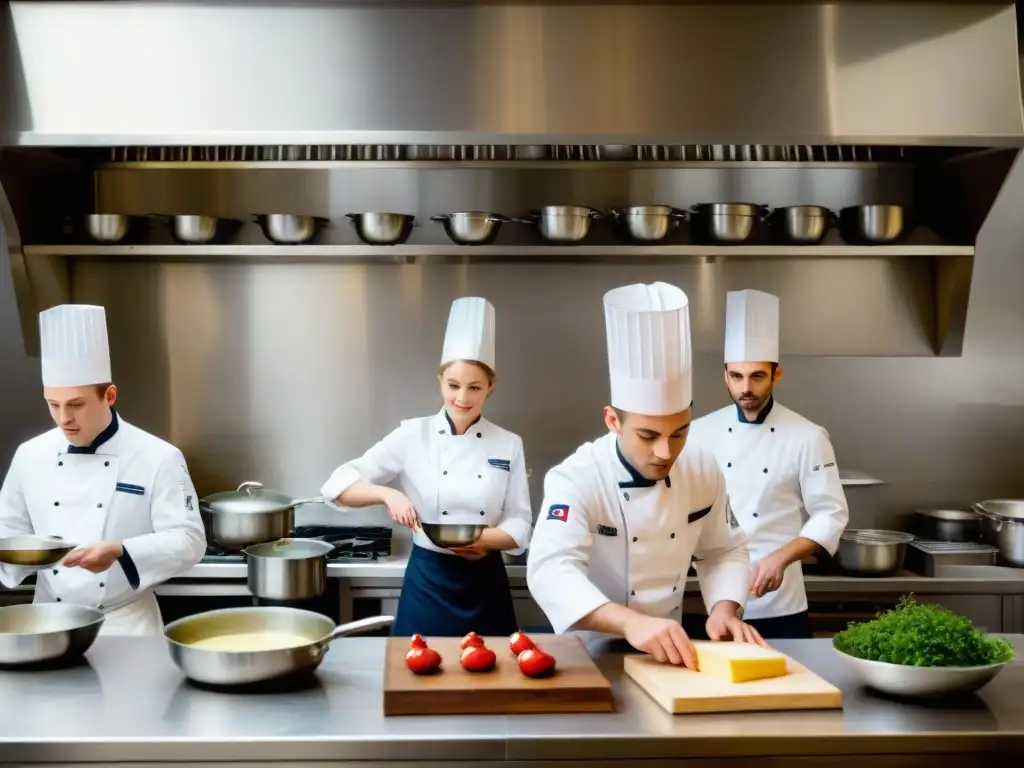 Escuela culinaria francesa: ambiente tradicional con estudiantes y chefs en cocina bulliciosa