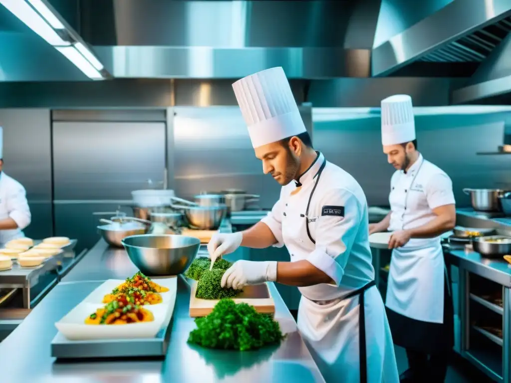 Escuela culinaria francesa: chefs preparando platos con precisión y arte en una cocina bulliciosa y vibrante