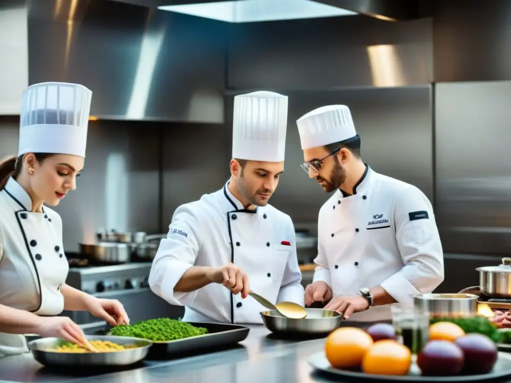 Una escuela culinaria francesa innovadora: estudiantes en trajes de chef trabajan en recetas bajo la guía de un chef