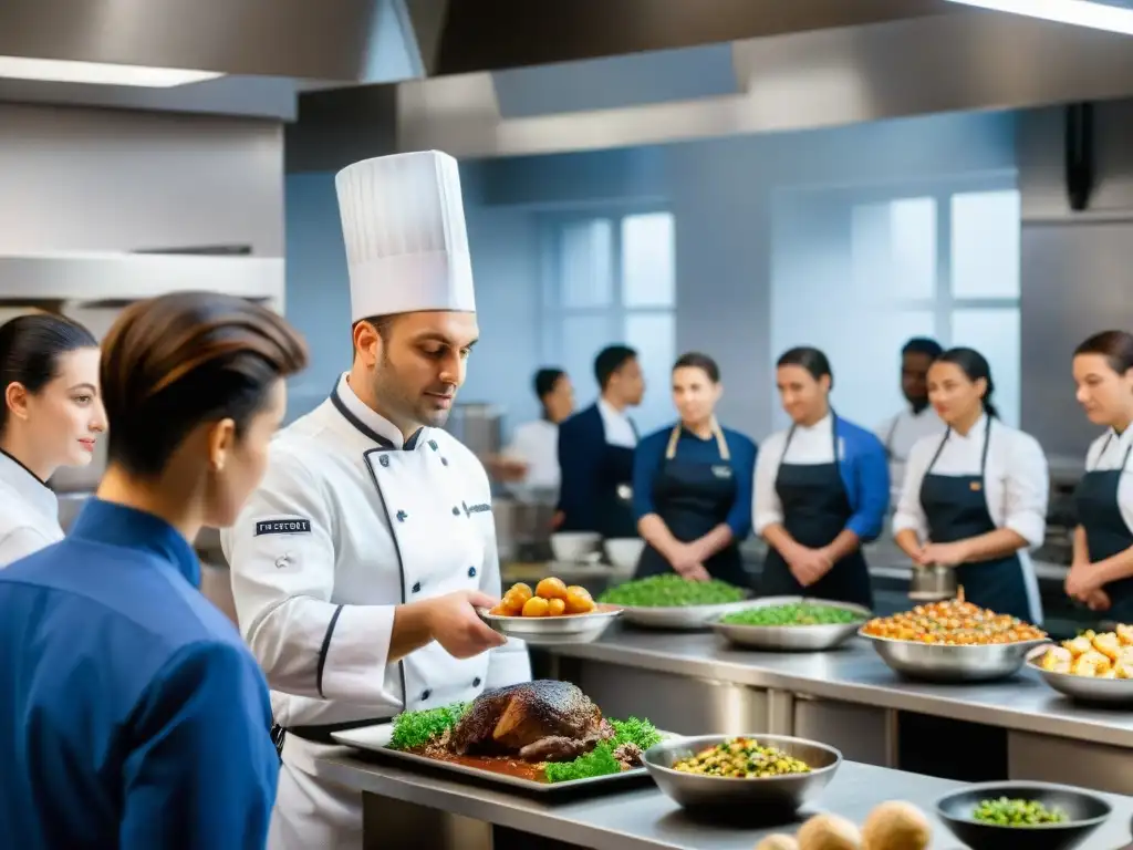 Una escuela culinaria francesa llena de estudiantes aprendiendo a preparar Coq au Vin