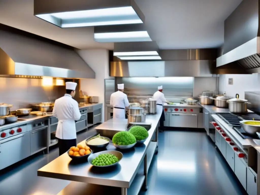 Escuela culinaria francesa con tecnología culinaria: estudiantes en cocina moderna con gadgets y estaciones interactivas