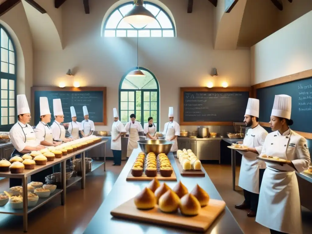 Una escuela culinaria en Francia llena de estudiantes atentos aprendiendo pastelería