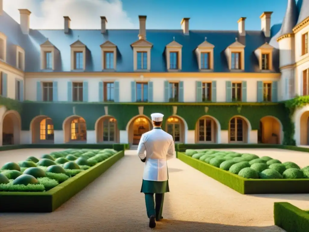 Escuela culinaria prestigiosa en Francia: chateau con estudiantes en uniformes blancos, cocinando y plato elaborado, tradición y modernidad