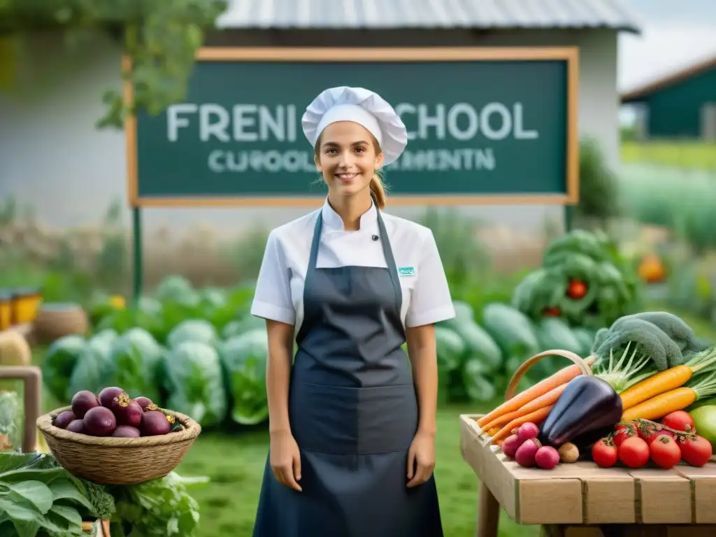 Escuela francesa: niños aprenden sobre agricultura sostenible en jardín lleno de colores y vegetales frescos, banners del movimiento Slow Food