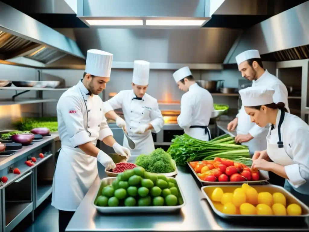 Escuela de gastronomía sostenible en Francia: cocina bulliciosa con alumnos concentrados en tareas, ollas gigantes y productos frescos