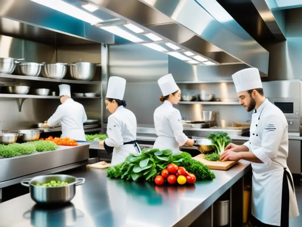 Escuela de gastronomía sostenible en Francia: Estudiantes preparando ingredientes orgánicos en una cocina bulliciosa y detallada