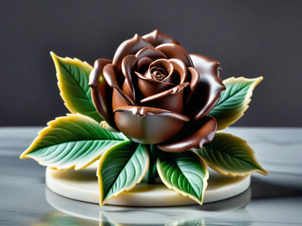 Escultura de chocolate de una rosa en mármol blanco, demostrando las técnicas tallado chocolate deliciosas