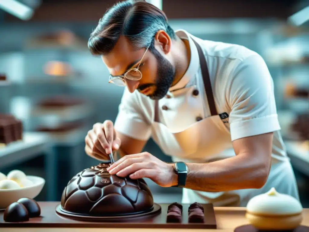 Chocolatier creando escultura de chocolate con precisión en curso de chocolate francés gastronomía