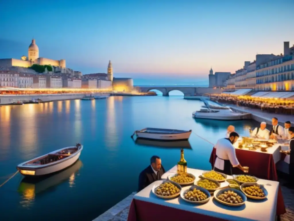 La esencia de la gastronomía francesa en Marsella cobra vida en el animado Vieux Port al anochecer