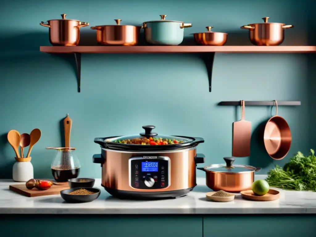 Un espacio culinario moderno con gadgets cocina lenta innovadores en un ambiente elegante y organizado