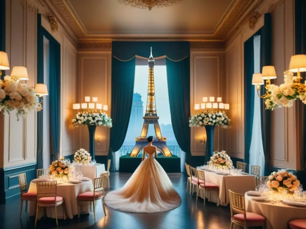 Un espacio de lujo con decoración inspiración parisina para eventos, chandeliers elegantes y elegante atmósfera romántica