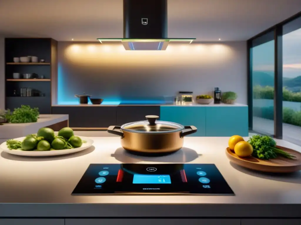 Un espectacular panorama de una cocina francesa moderna con tecnología culinaria de vanguardia