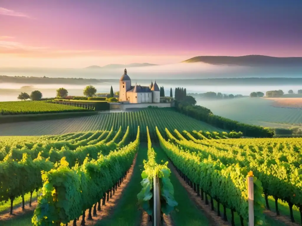 Espectacular viñedo en Burdeos al atardecer, con un château francés