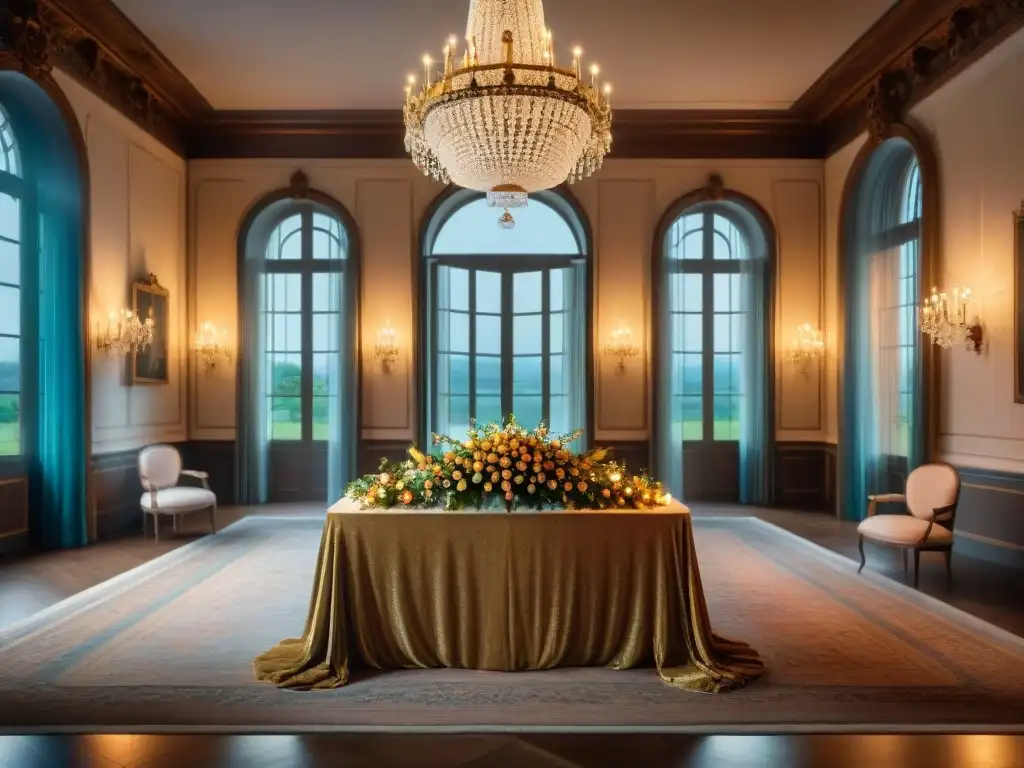 Espléndida decoración eventos gastronomía francesa en chateau francés con muebles antiguos y arreglos florales elegantes