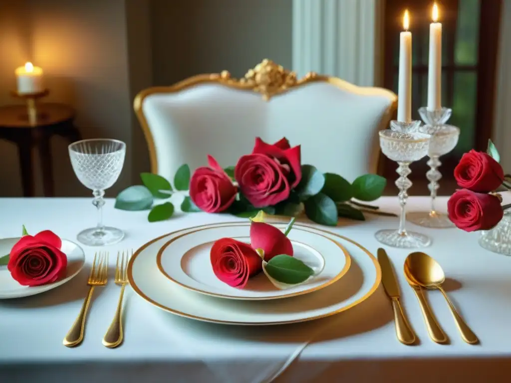 Espléndida mesa de cena francesa con exquisito protocolo, cubiertos de plata, cristalería y mantelería ornamental, bañada en luz de velas