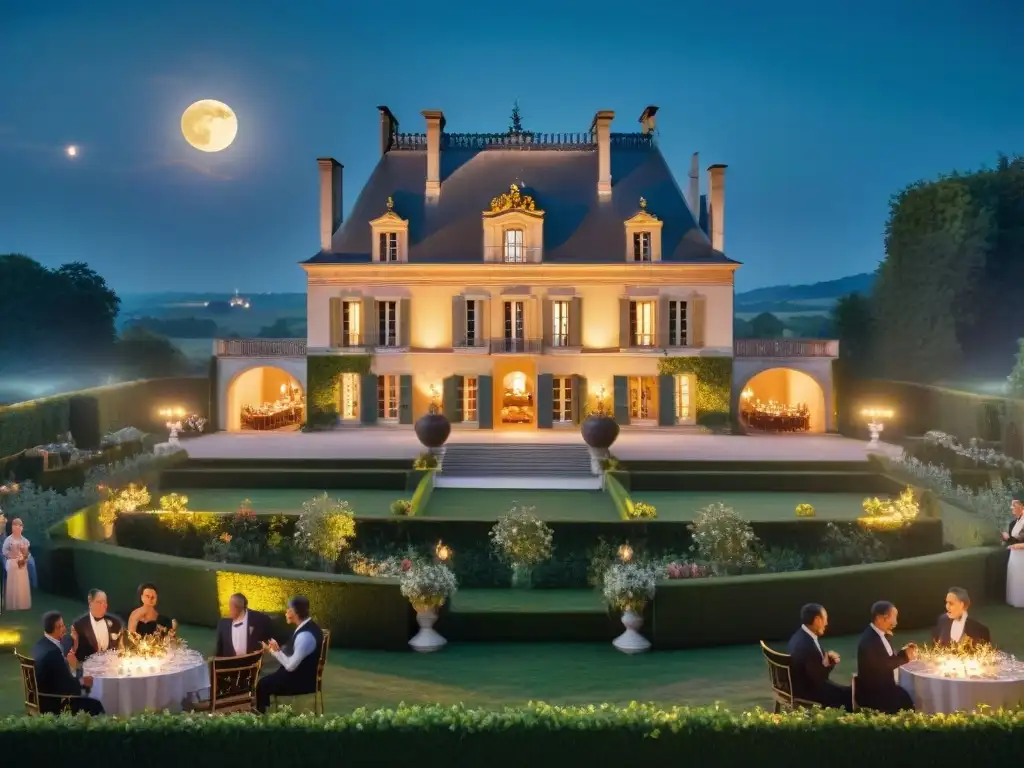 Espléndido chateau francés al atardecer con viñedos, mesas de gastronomía francesa y orquesta de música clásica bajo la luna llena