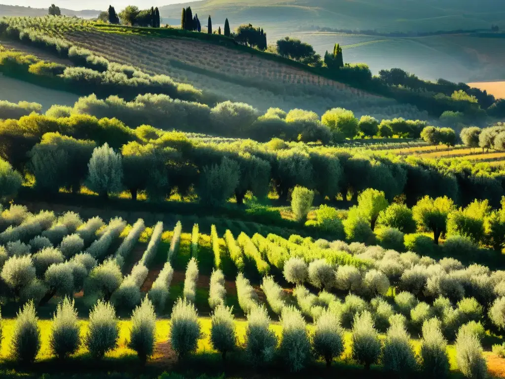 Espléndido olivar en Provenza bañado por la luz dorada, reflejando la belleza de la producción de aceite de oliva