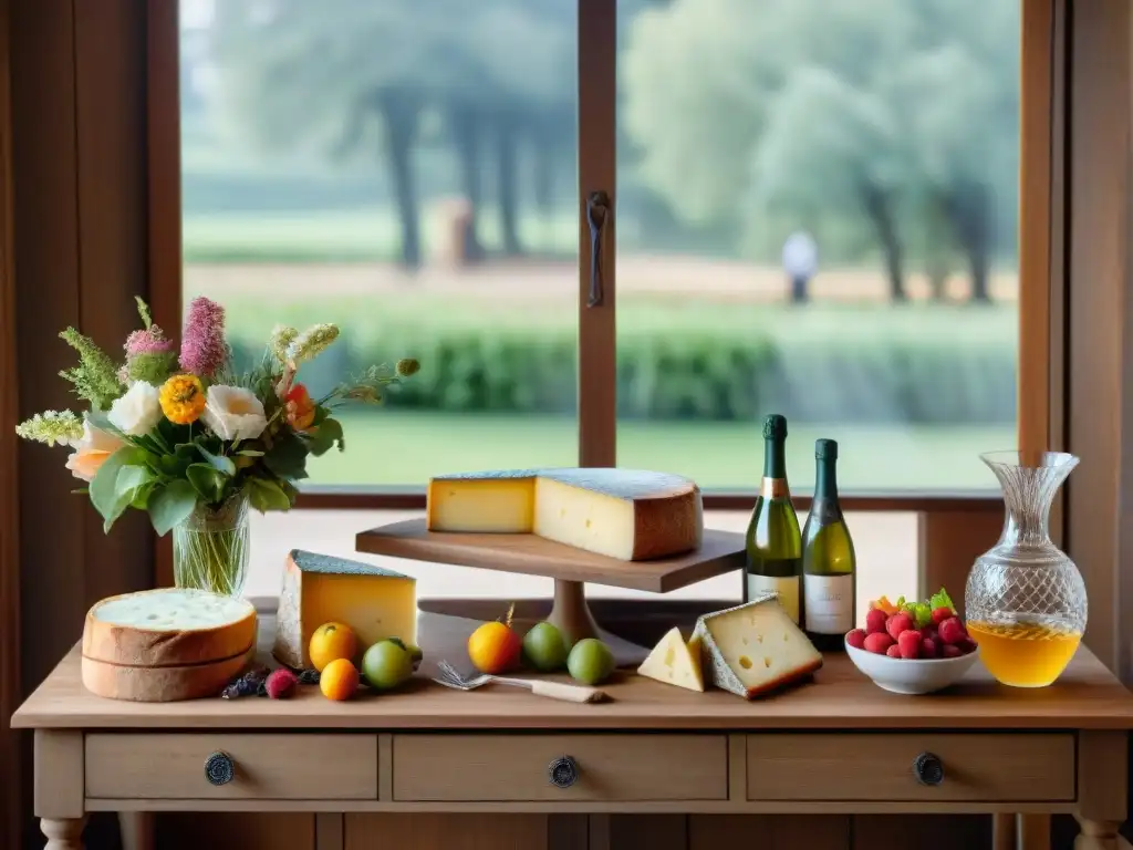 Una estación de bebidas al estilo francés con cristalería elegante, flores frescas y delicias culinarias sobre una mesa de madera rústica