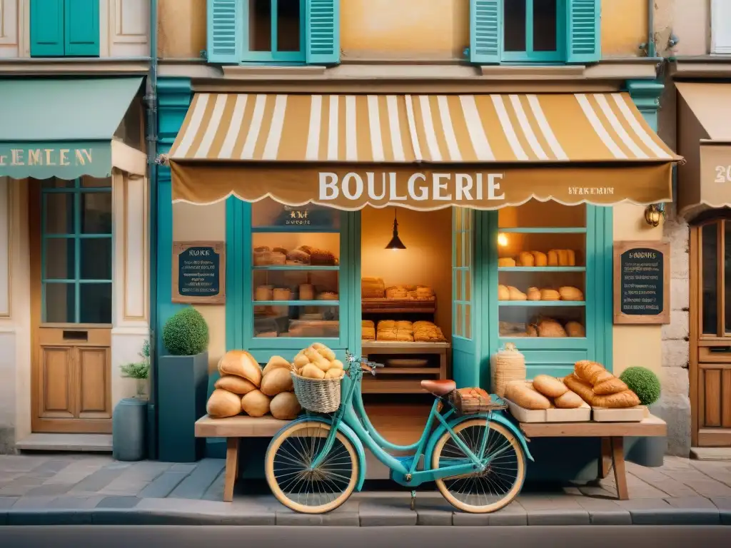 Estética comida francesa en imágenes: Fotografía detallada de una panadería tradicional francesa al amanecer