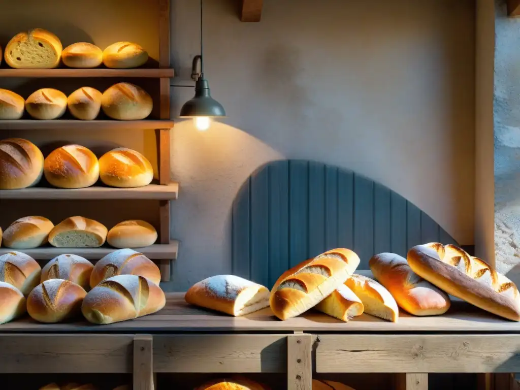 Estética de comida francesa en imágenes: Panadería rústica al amanecer, con pan recién horneado y detalles artesanales