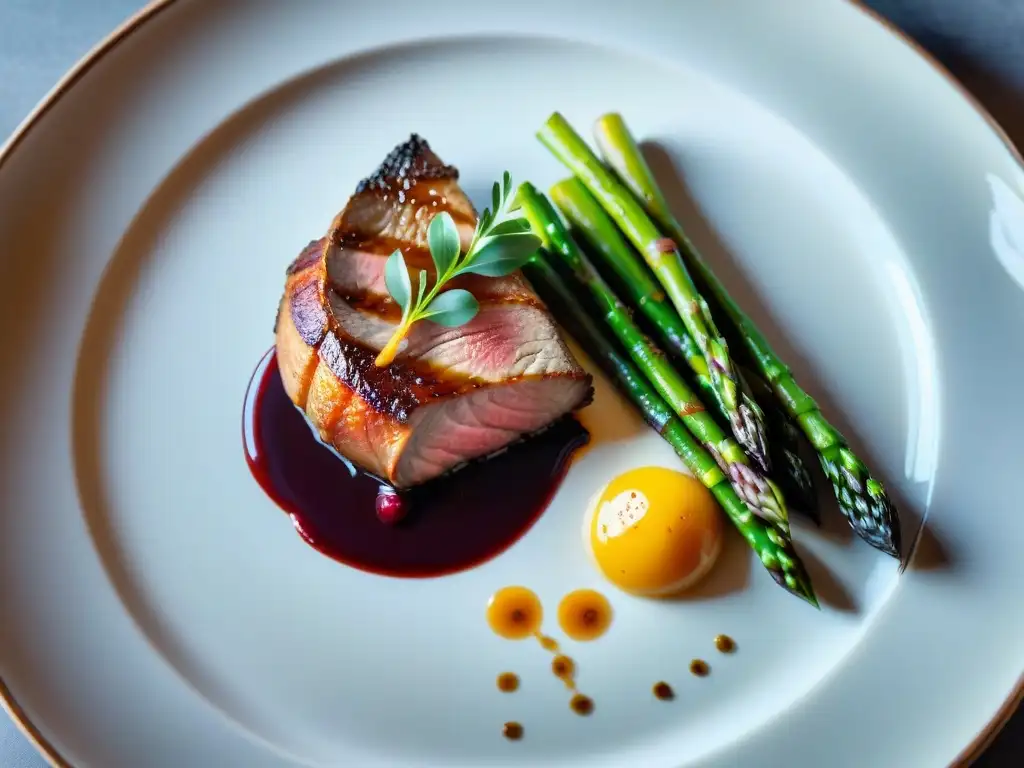 Estética en platos franceses: Imagen detallada de un exquisito plato francés con pato, espárragos y papas