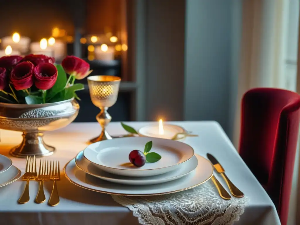 Mesa francesa elegante con detalles ultradetallados Decoración al estilo francés culinario: Detalle de mesa elegante con mantel blanco, cubiertos de plata, vajilla de porcelana y copas de vino