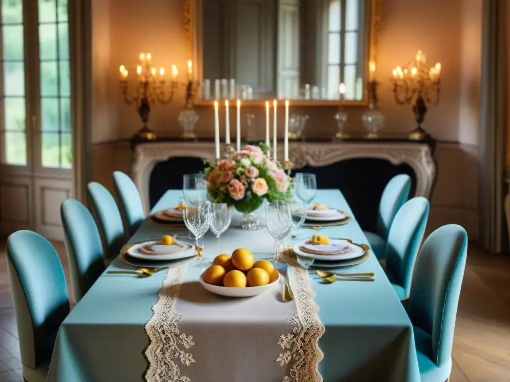 Mesa de cena elegante en chateau francés, decoración floral y luz de velas Decoración al estilo francés culinario: Mesa elegante en un chateau con encajes, cubiertos antiguos y arreglos florales vibrantes