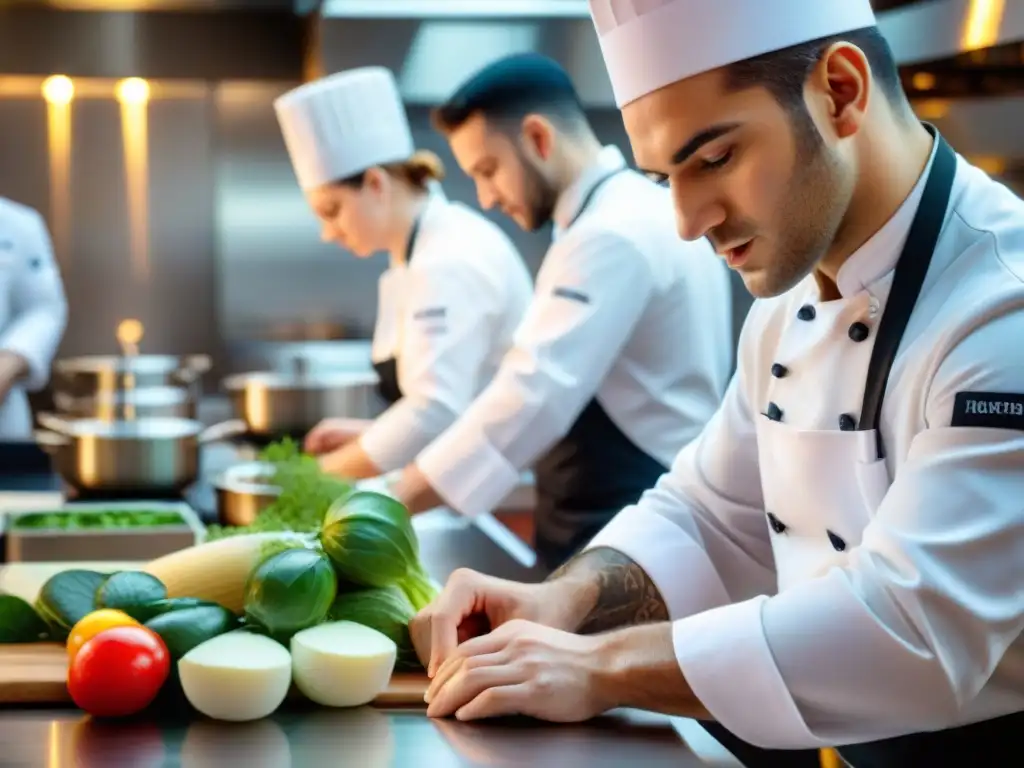 Un estudiante de cocina francés prepara con precisión un plato complejo en una prestigiosa escuela culinaria en Francia