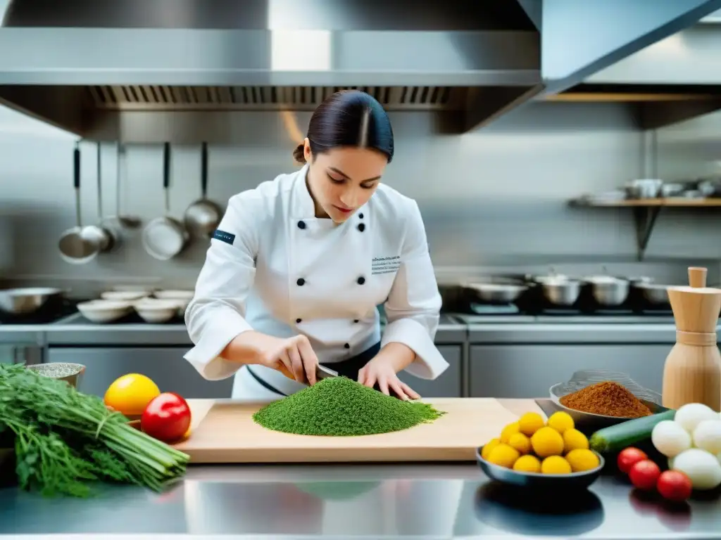 Un estudiante de gastronomía francesa creando esculturas de azúcar en un estudio culinario moderno, fusionando tradición e innovación culinaria