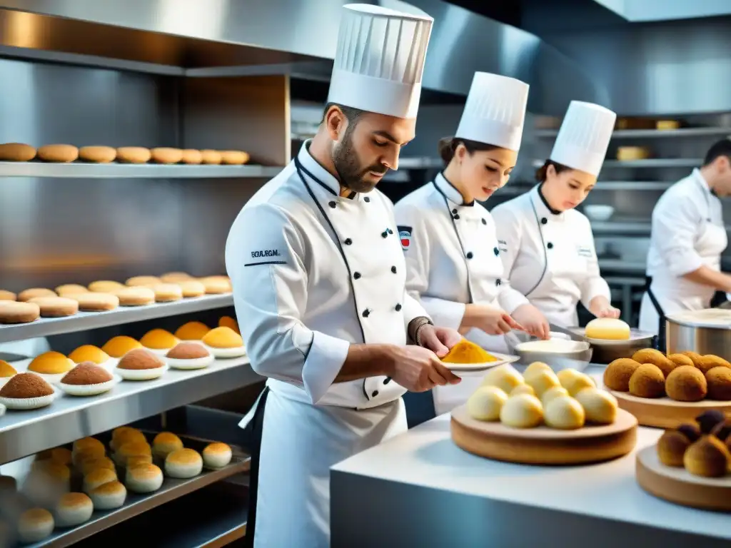 Estudiantes en aulas de cocina francesas prestigiosas creando pasteles con precisión y dedicación