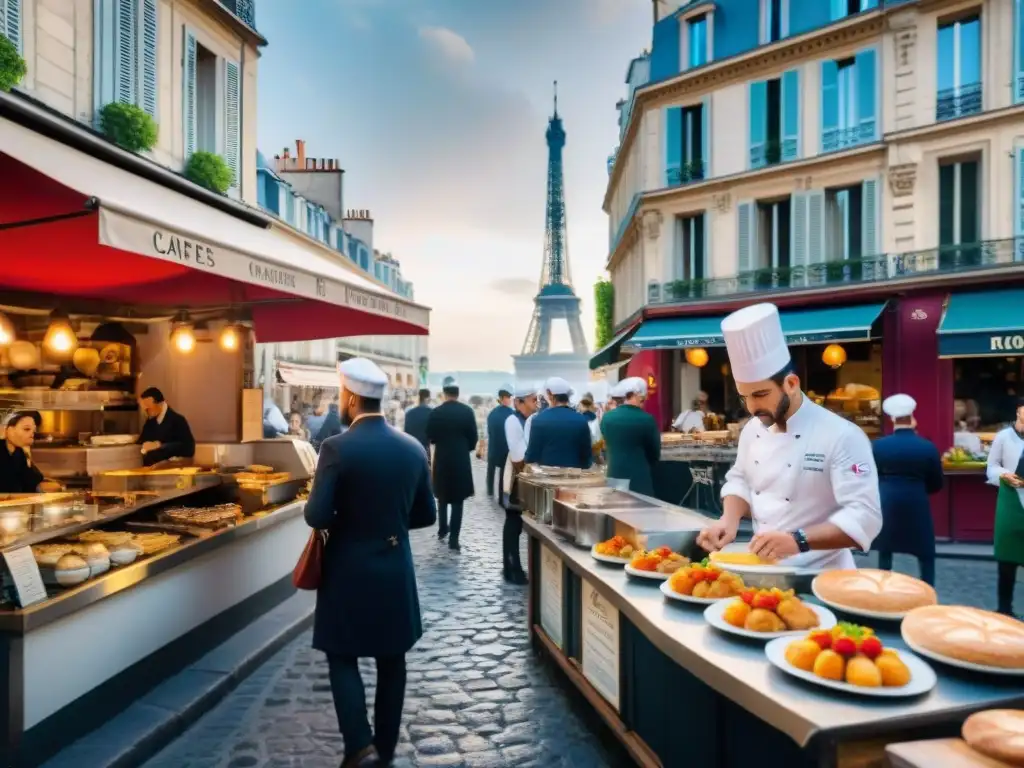 Estudiantes en París observan a chefs preparar platos franceses en vibrante escena culinaria