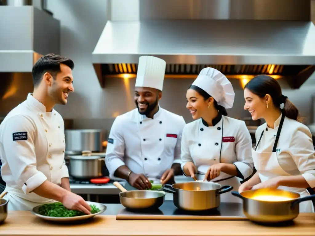 Estudiantes de cocina en Francia, con becas para estudiar cocina en Francia, reunidos en una bulliciosa cocina francesa