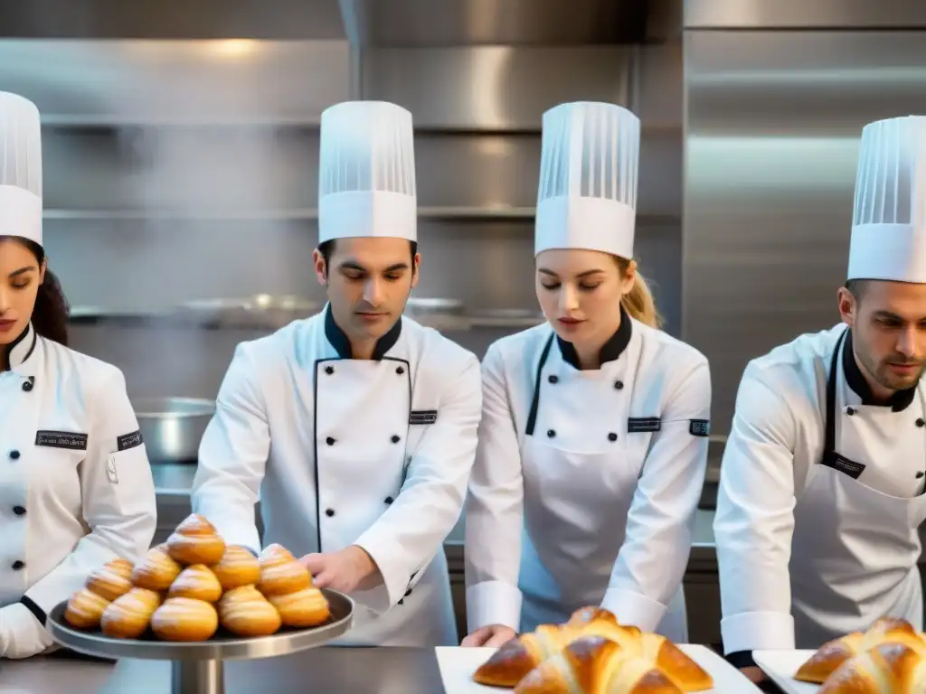 Estudiantes de cocina francesa observan al chef en moderna aula culinaria