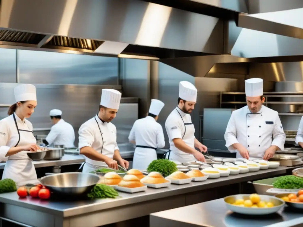 Estudiantes en cocina francesa preparan platos bajo la guía de instructores