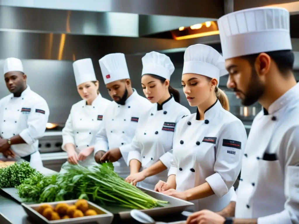 Estudiantes culinarios aprendiendo habilidades de cuchillo avanzadas en la cocina, preparándose para competencias culinarias internacionales